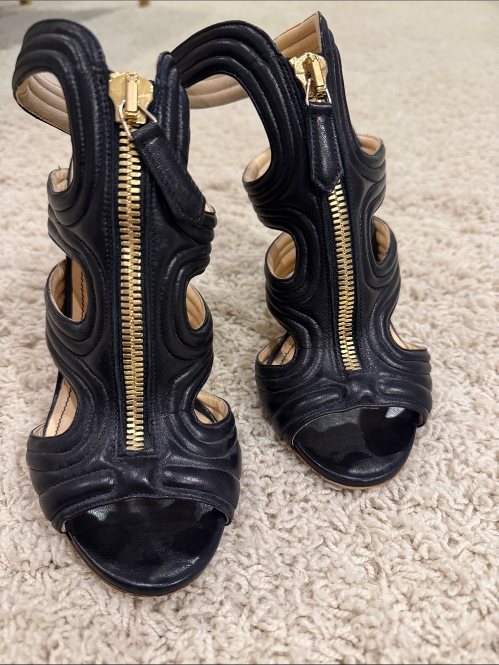 Women's Black Cutout Heeled Sandals with Gold Front Zipper